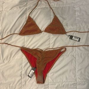 orange glitter bikini with rouched bottoms